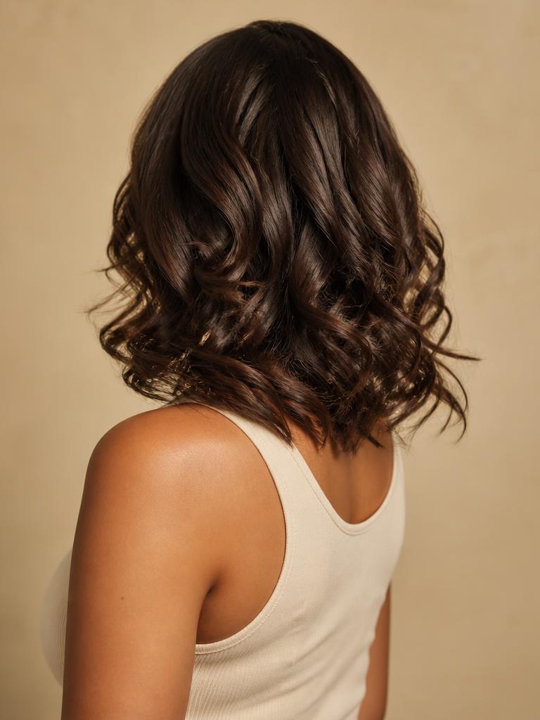 After: soft, glossy, bouncy curls styled with the Lumeaa curler